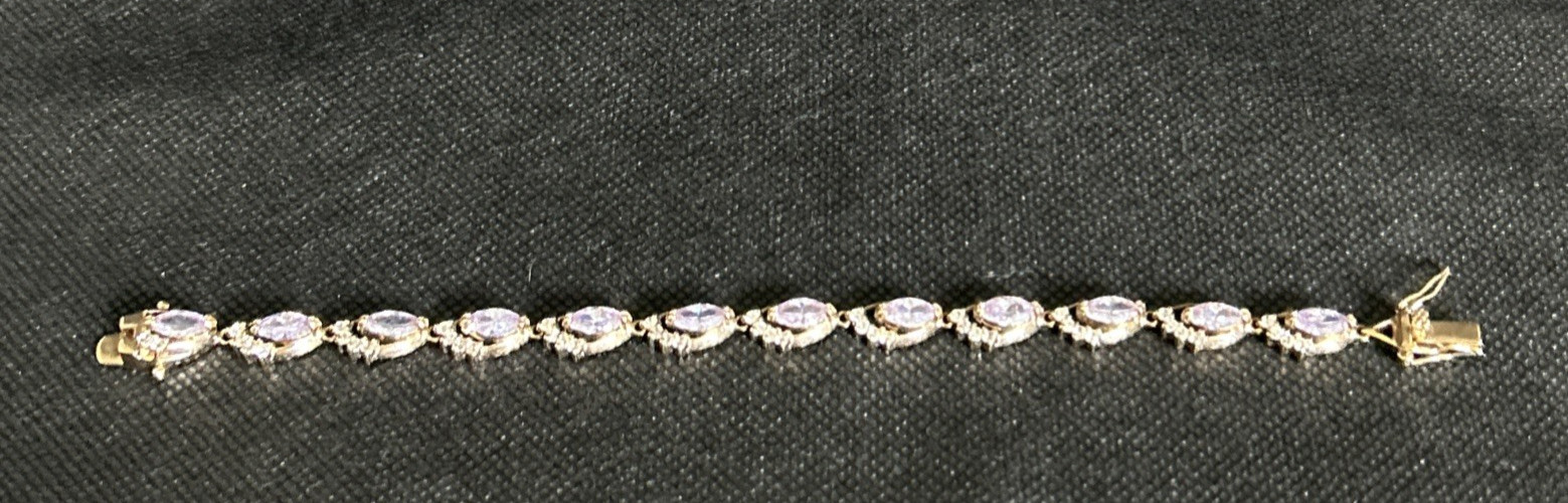 Gold Tone Brass Simulated Amethyst Marquise Rhinestone Tennis Bracelet 7 Inch