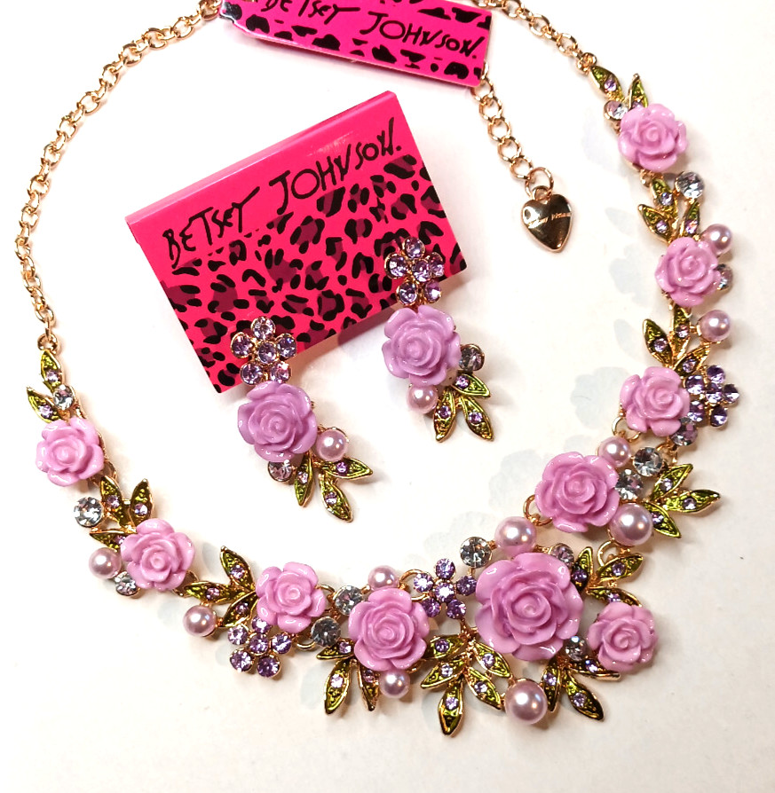 Pink ROSE Flowers PEARL Choker Rhinestone Betsey Johnson Necklace Earring SET