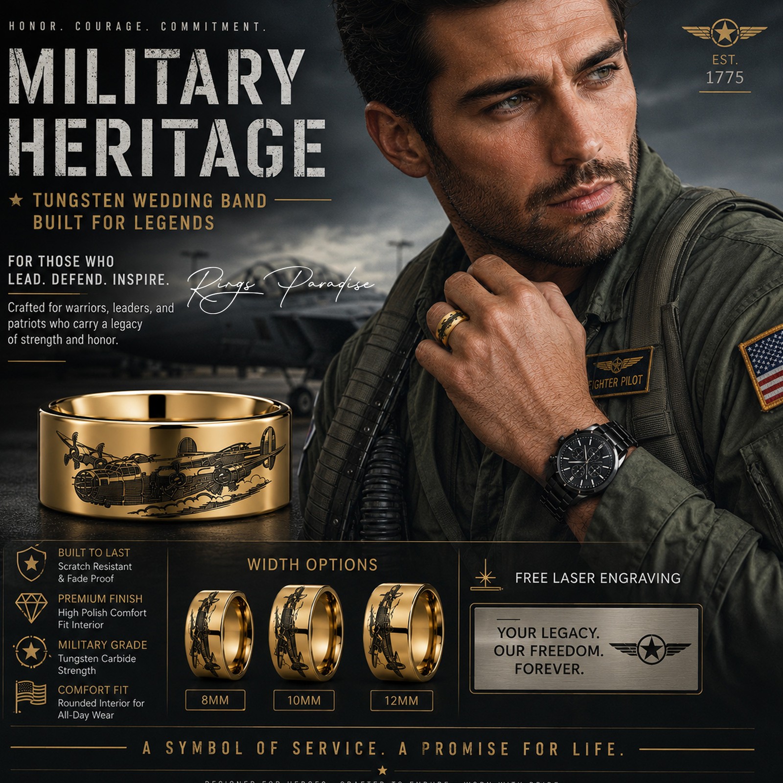 B-24 Airplane Tungsten Wedding Band with WWII Aviation Engraving – 8mm 10mm 12mm