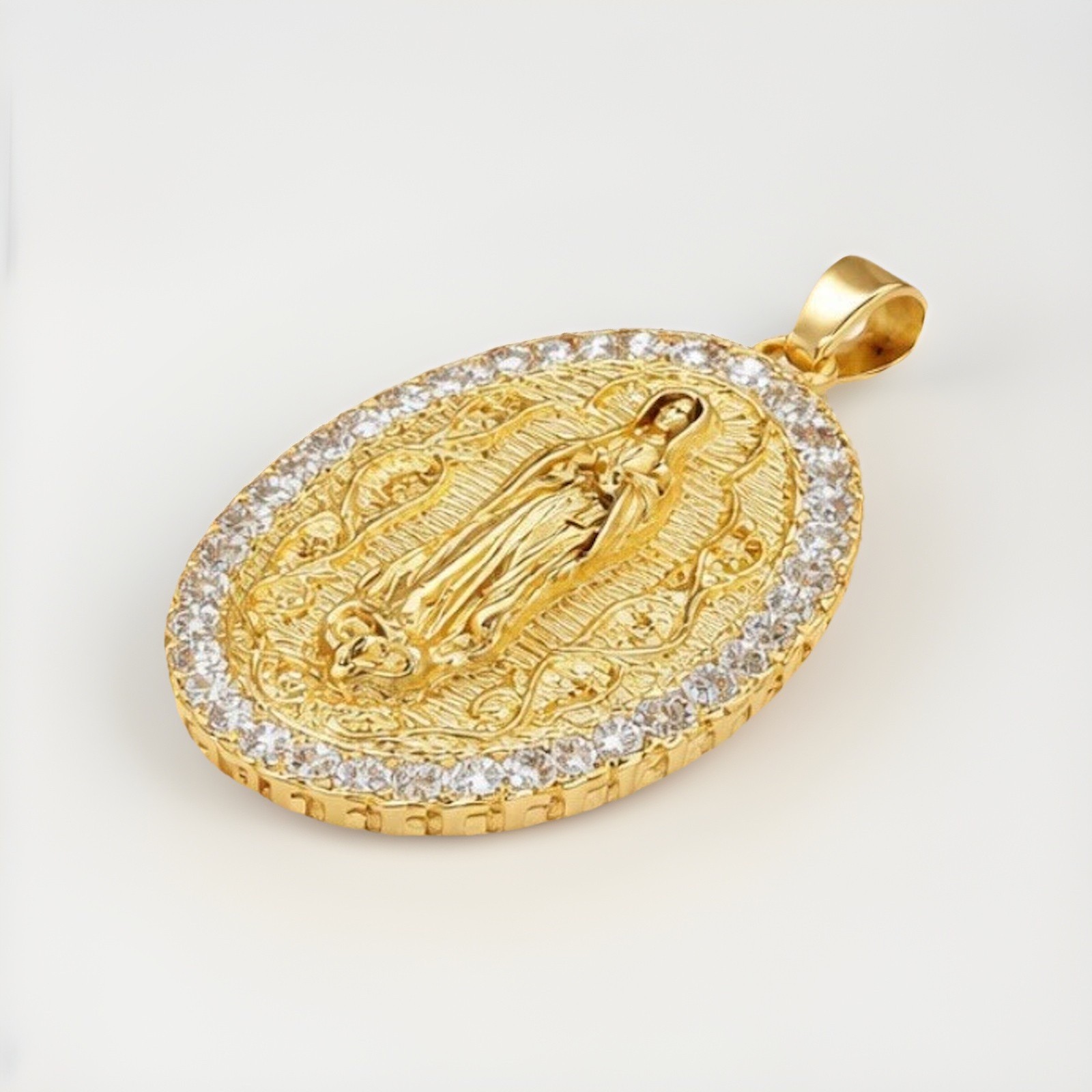 Iced Out Virgin Mary Pendant Gold Plated CZ Halo Religious Oval Charm Medallion