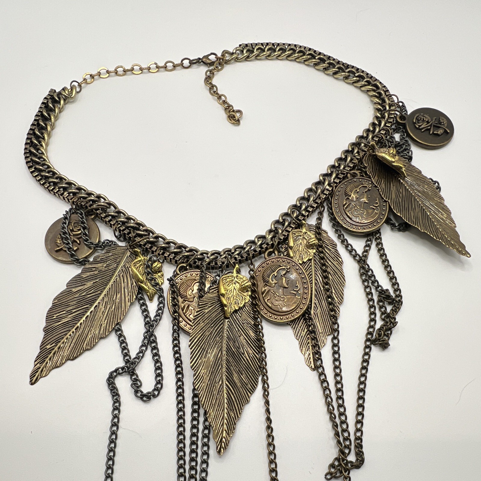 Antique Gold Gunmetal Curb Chain Bib Statement Necklace, Leaf Charm, Adjustable