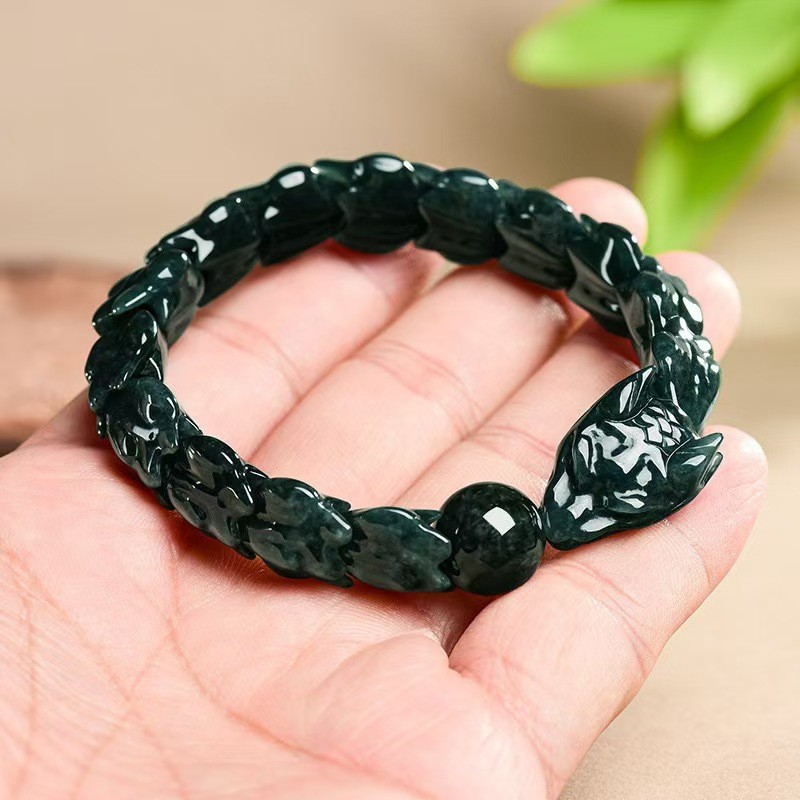 Real Grade A 100% Natural Blue Jade Jadeite Women Men Dragon Beads Bracelet