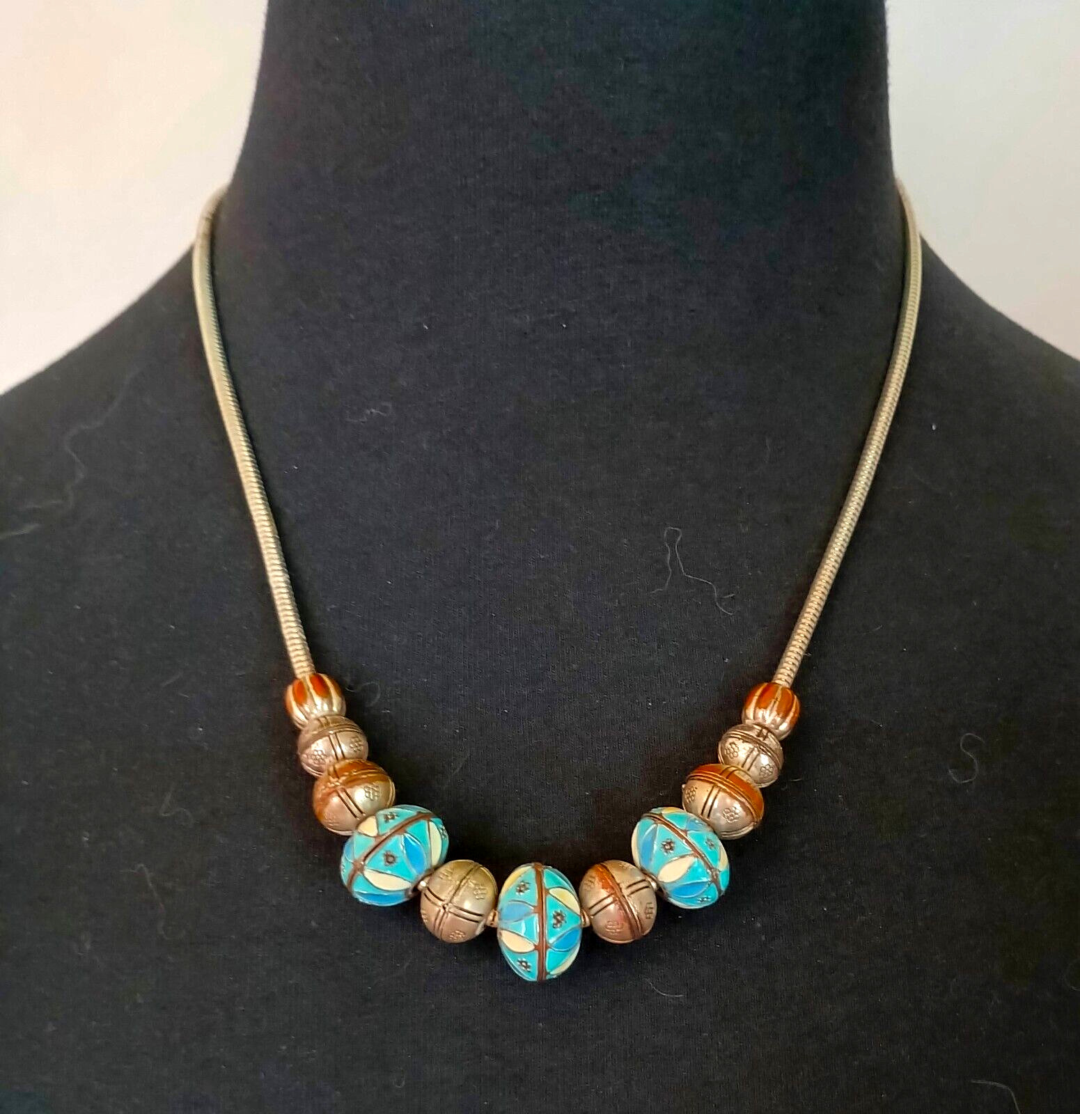 Vintage Fashion Necklace Pretty Enameled Metal Beads on a Silver Tone Chain