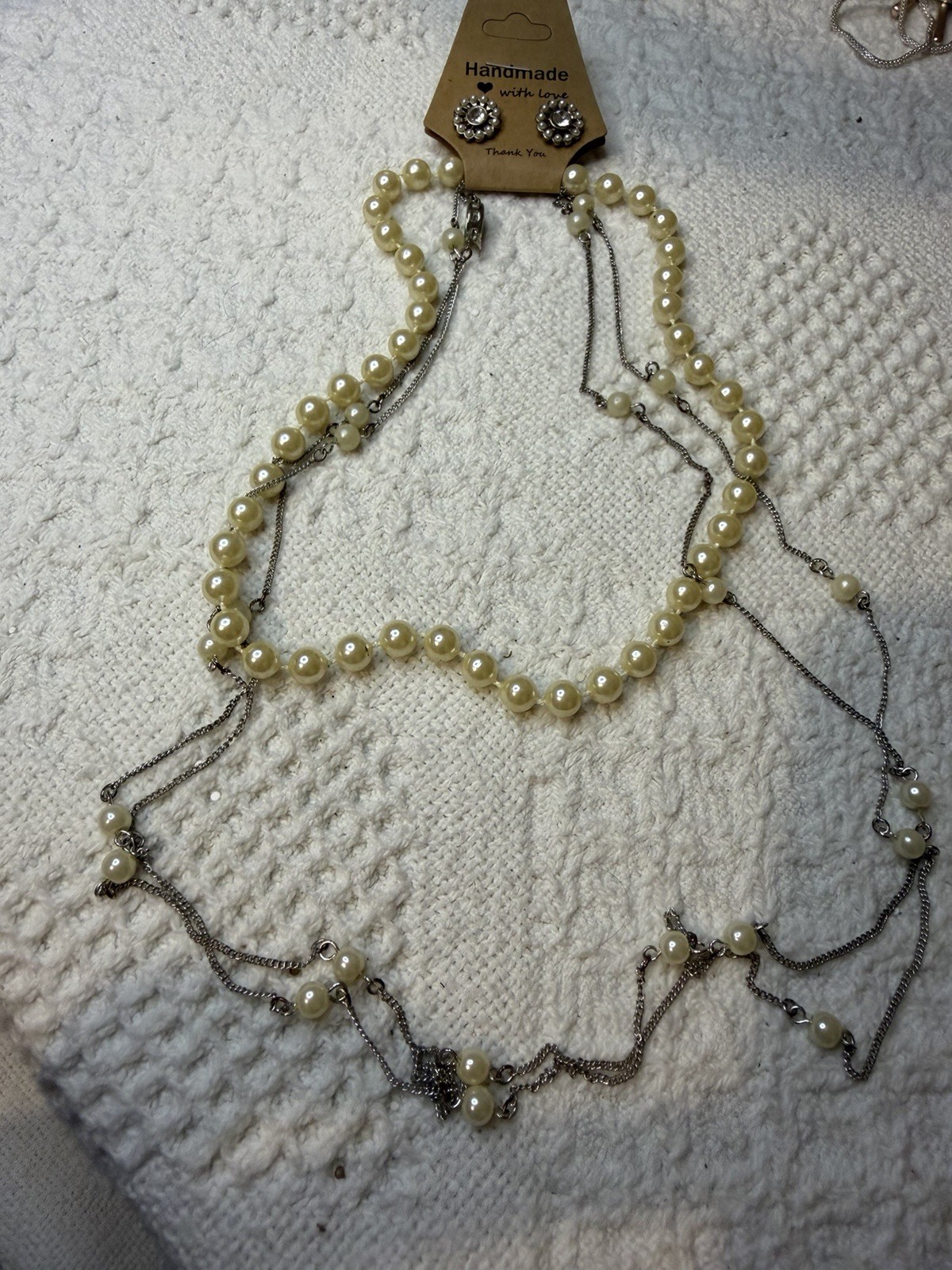 Handmade Faux Pearl Necklace & Crystal Stud Earrings Jewelry Set, Cream/Silver