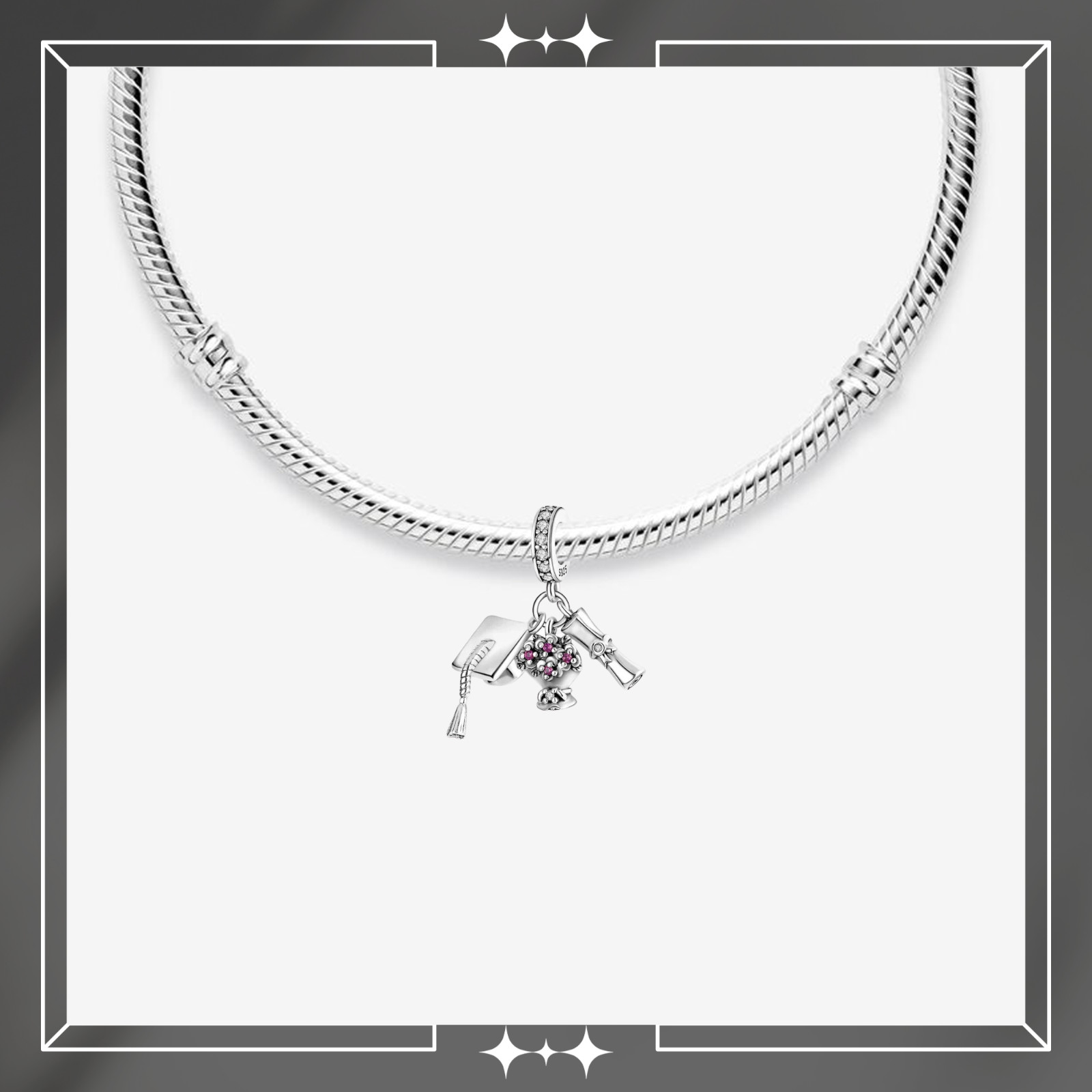 Graduation Cap, Scroll And Flower Charm For Bracelet, Graduation Gift Charm
