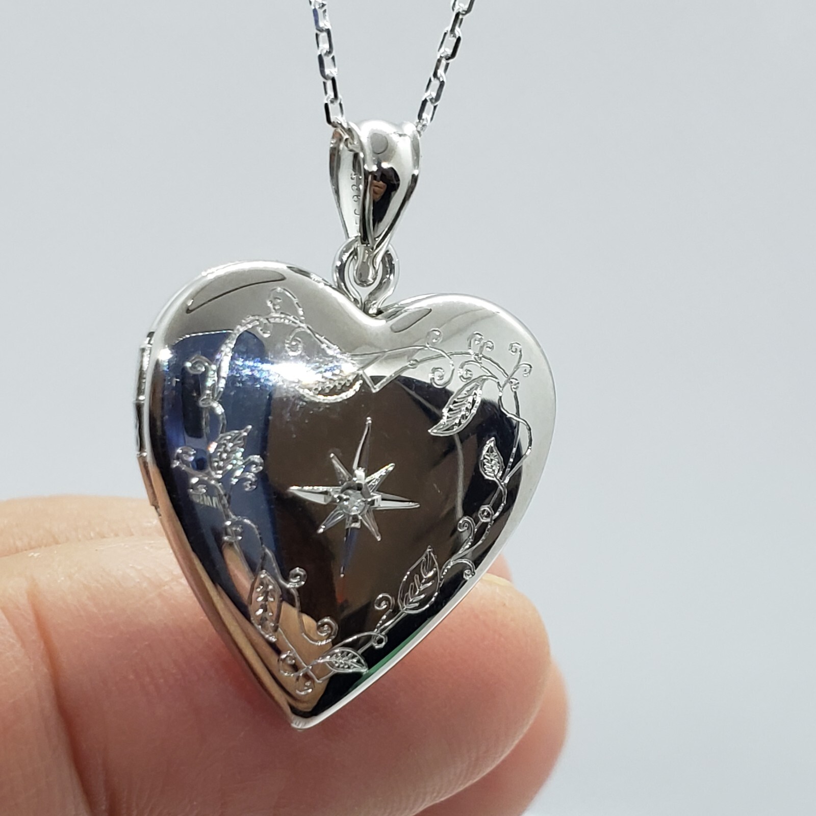 Sterling Silver Diamond Heart Locket for 2 Photo 3/4inch w/out Necklace 16-24″