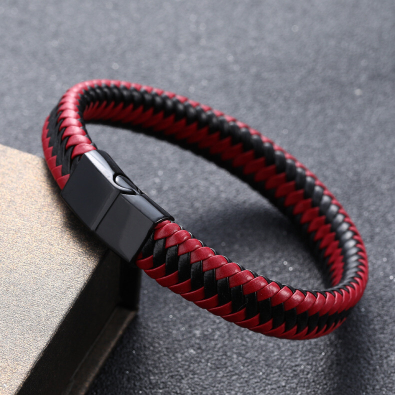 Unisex Women Men Braided Leather Steel Magnetic Clasp Bracelet Handmade