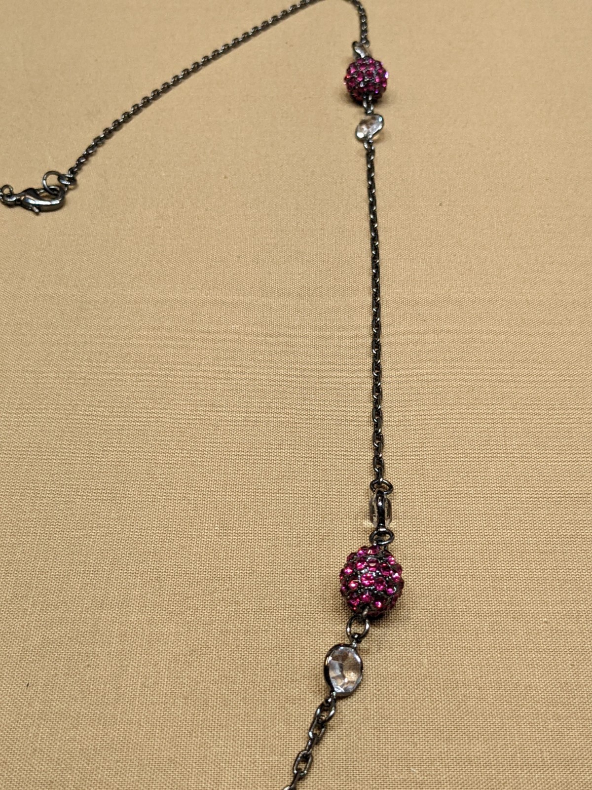 Pink Rhinestone Disco Ball Necklace Clear Crystal Black Tone Chain ~48″