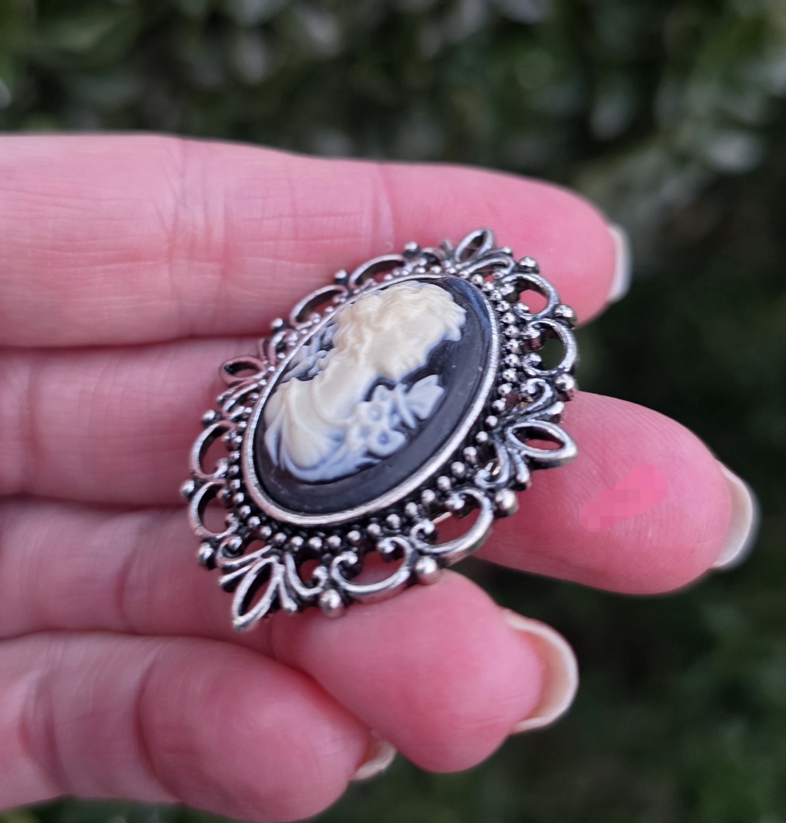 MAGNETIC Cameo Brooch, Black, Cream silver rhinestone framing. Victorian jewelry