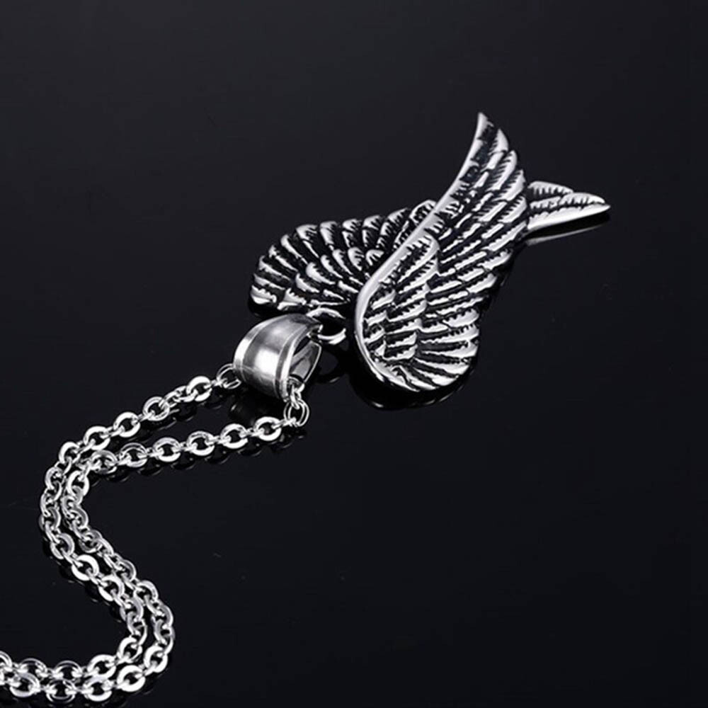 Gothic Double Angel Wings Pendant Necklace Antique Silver Tone w 23″ Link Chain
