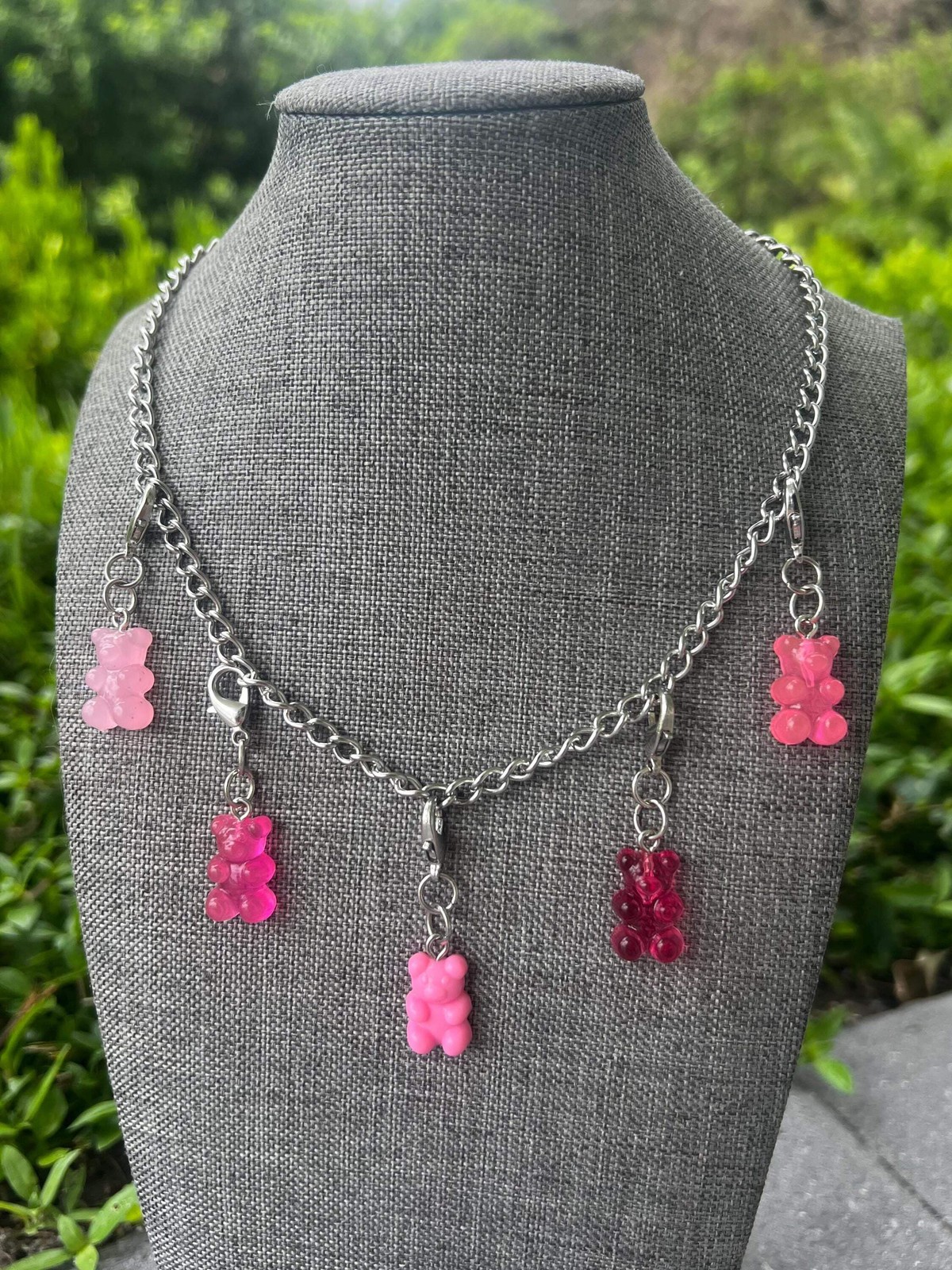 Stainless Steel Pink Gummy Bear Chain Charm Necklace