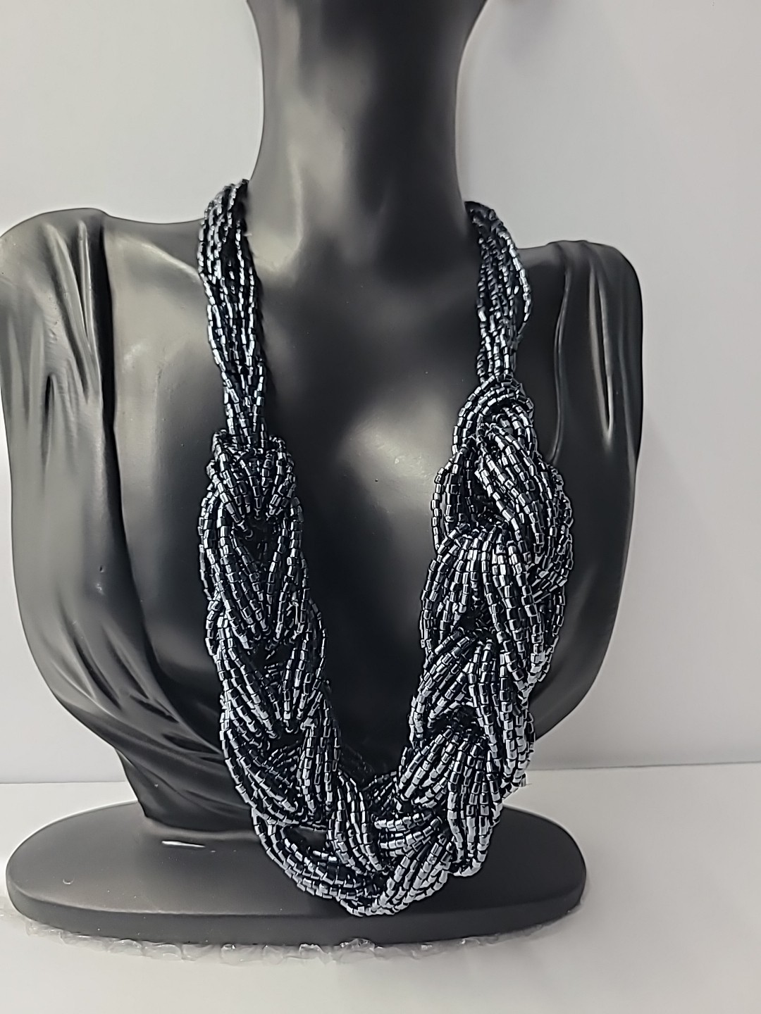 Multi Strand Seed Bead Necklace Twisted Navy Black Statement Jewelry