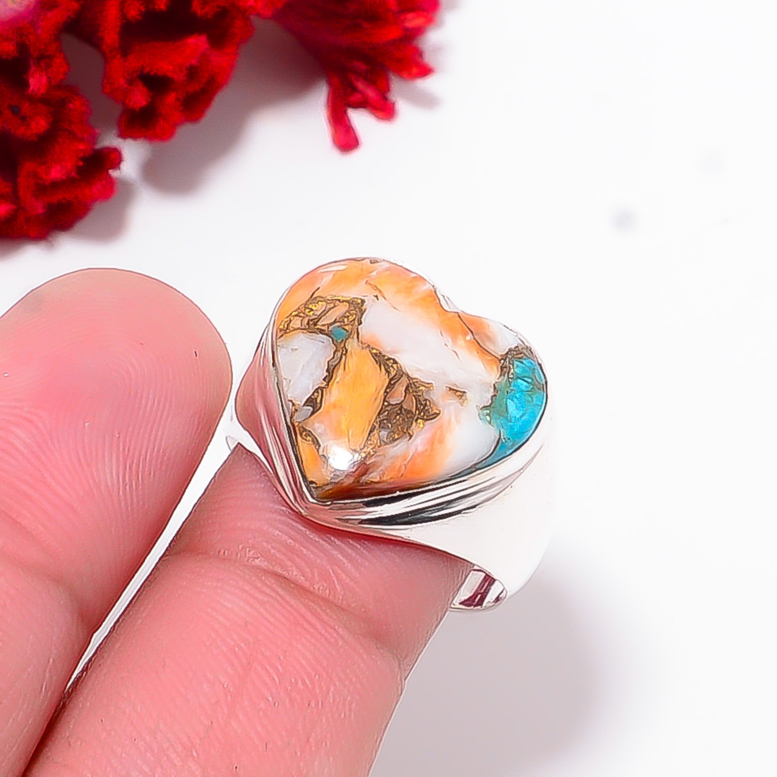 Heart – Copper Spiny Oyster Arizona Turquoise 925 Sterling Silver Ring S.9.5 R12