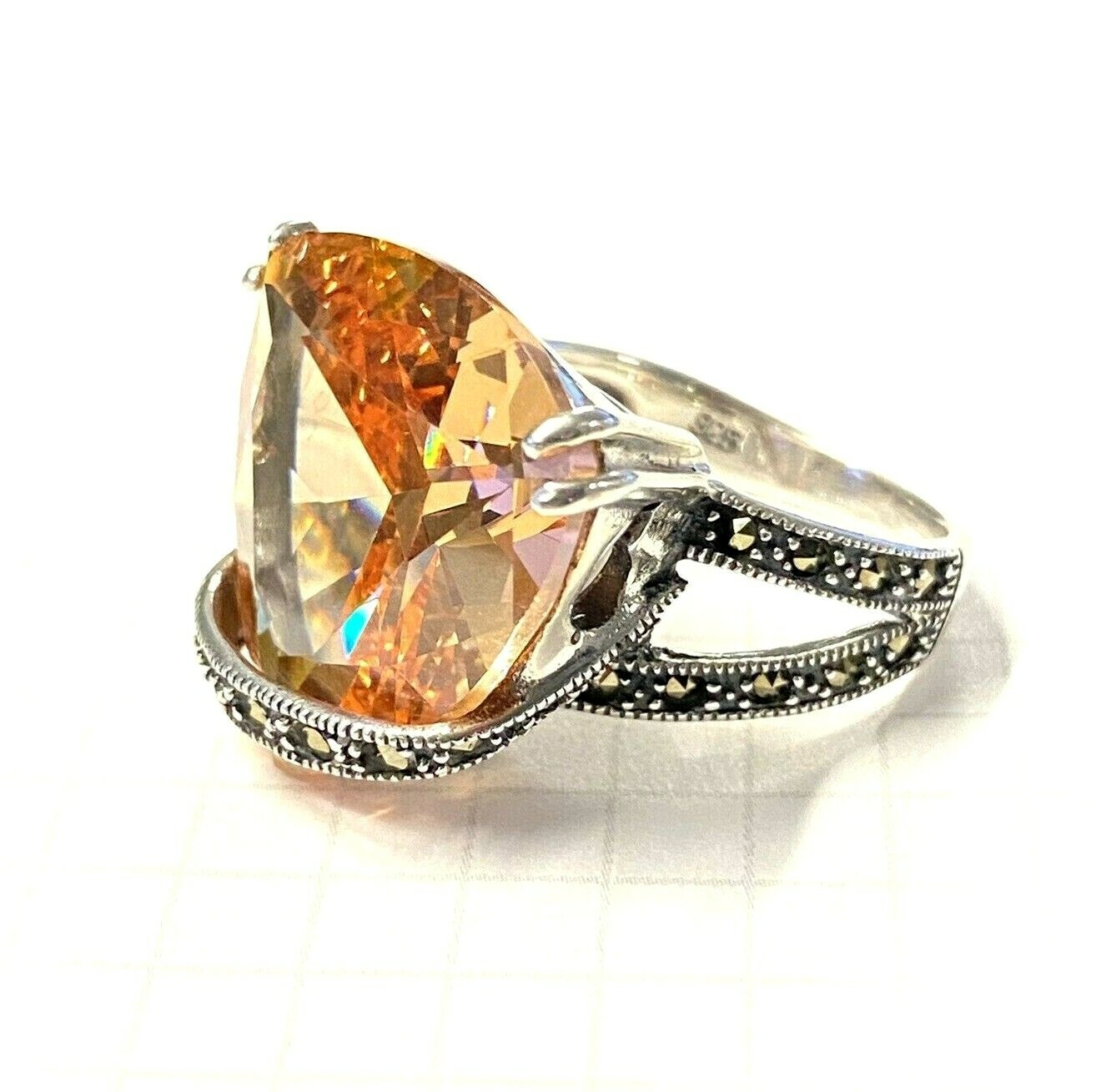 (SIZE 6,7,8,9) HUGE Amber Orange CZ Stone RING Marcasite .925 STERLING SILVER