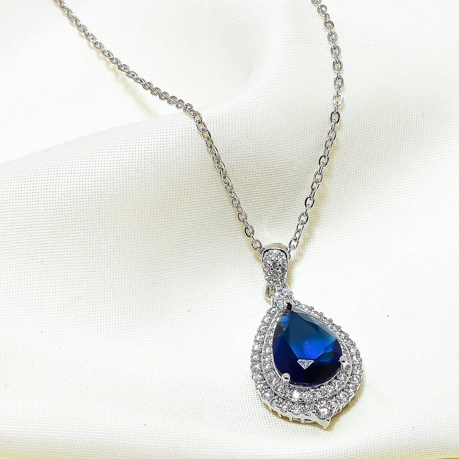 Blue Sapphire Simulated & Cz 925 Silver Pendant With Chain 18-20″ CP55421