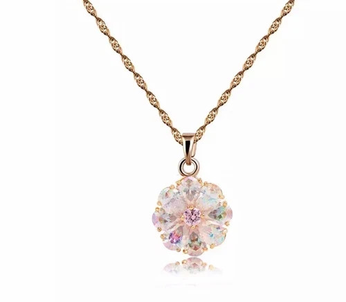 18k Gold Plated Flower Pendant Necklace made Simulated Diamond Aurora Borealis