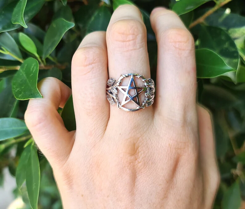 Pentagram Ring STERLING SILVER 925 Floral Pentacle Sacred Symbol 5 pointed star