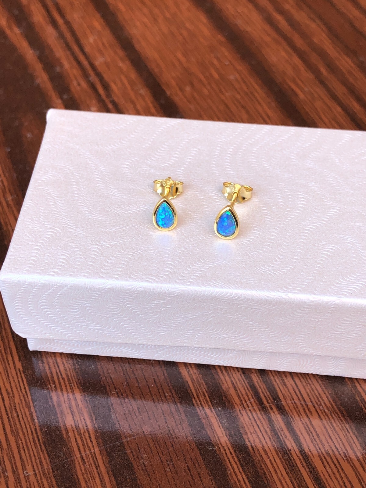 Blue Opal Teardrop Stud Earrings Sterling Silver 925 Dainty Studs Gold 5.9mm