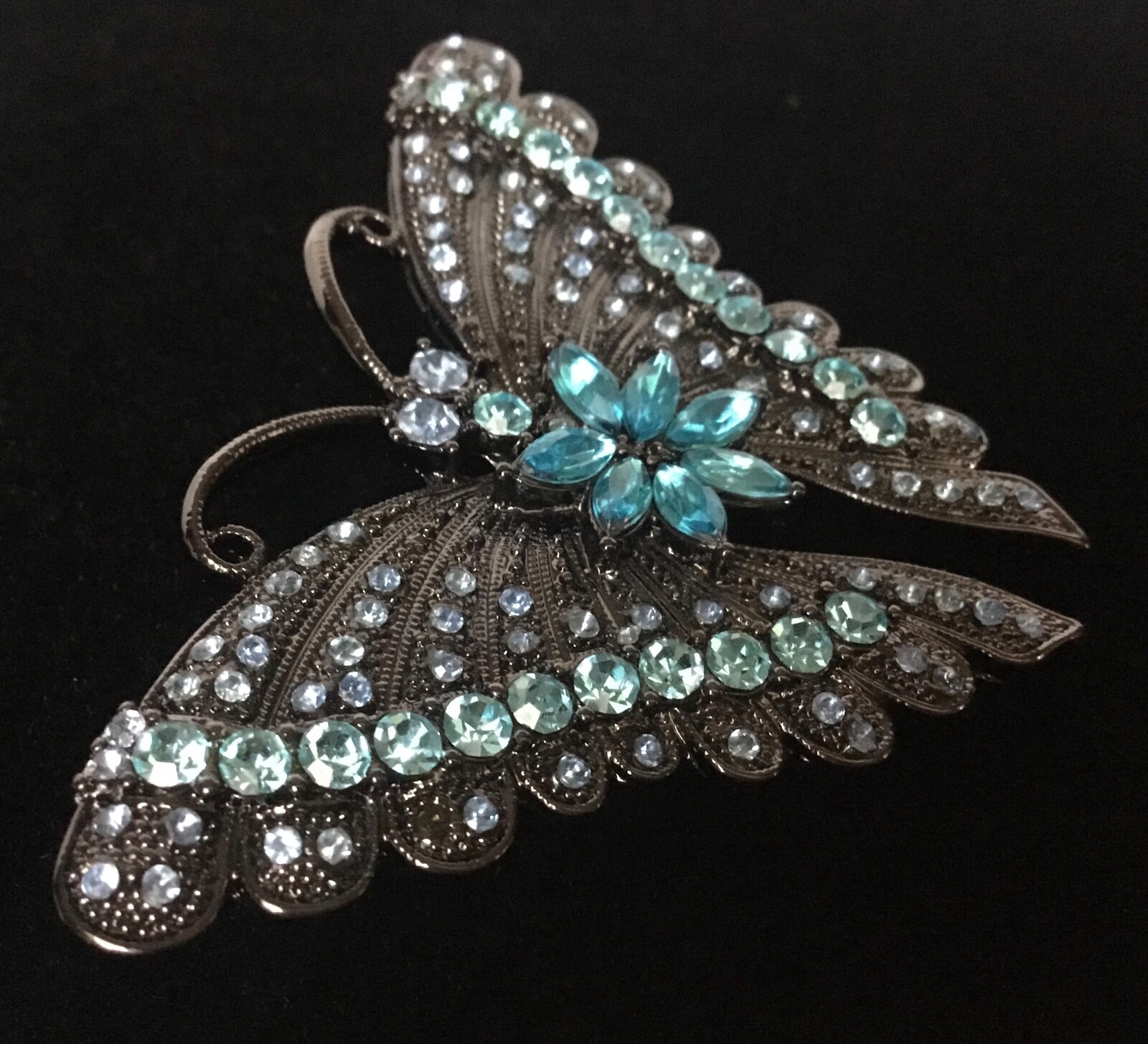 Butterfly Pin Pendant Black Metal Blue Pave Rhinestones
