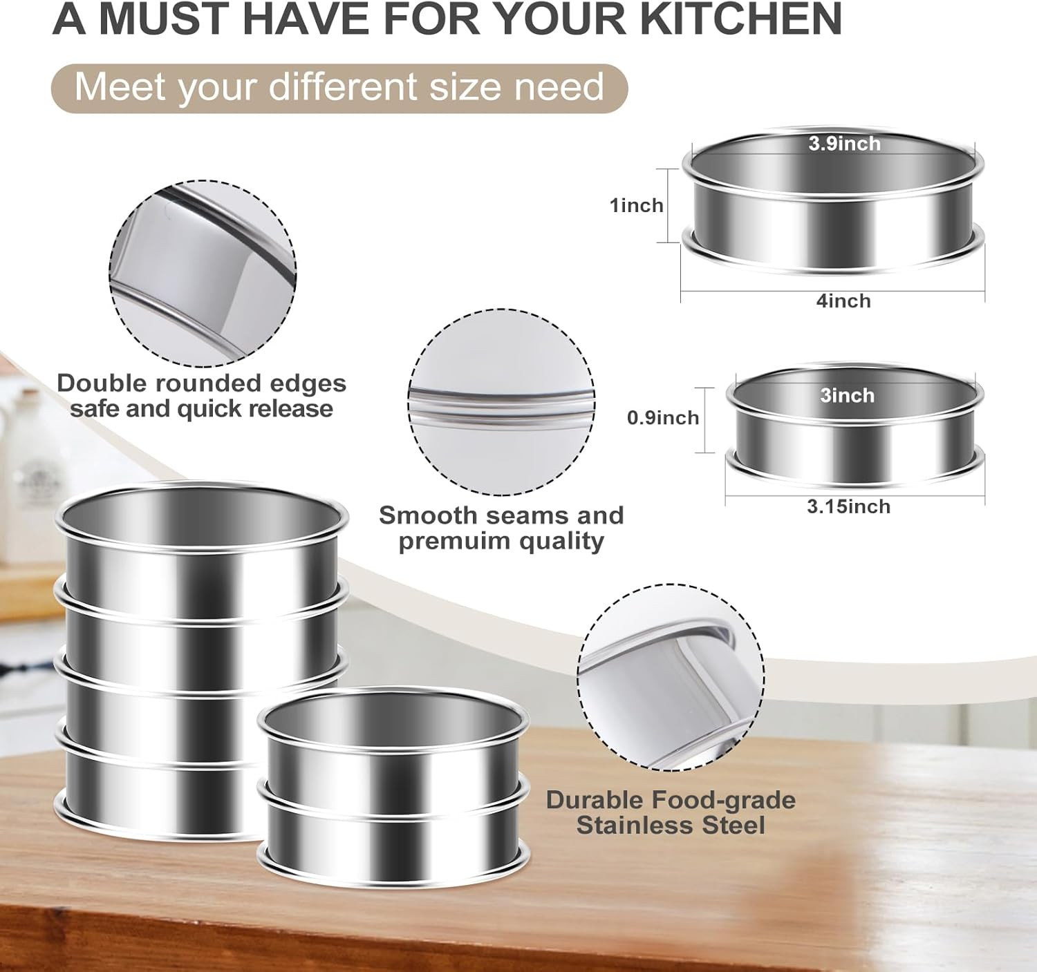 8Pcs Crumpet Rings – 4 & 3.15 Nonstick Steel Muffin Pastry Rings for Baking