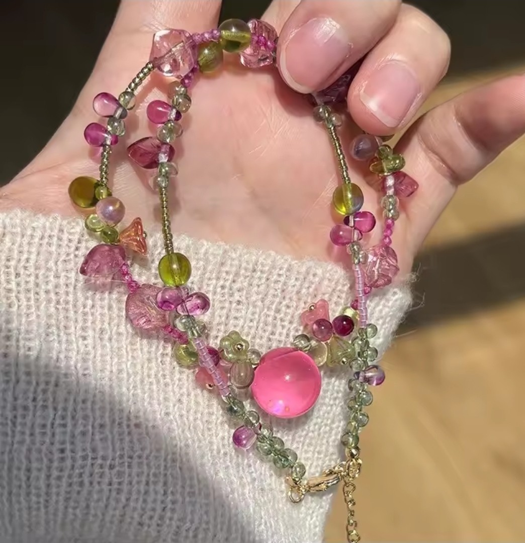 Pink Green Glass Beaded Necklace Round Pink Glass Charm Pendant
