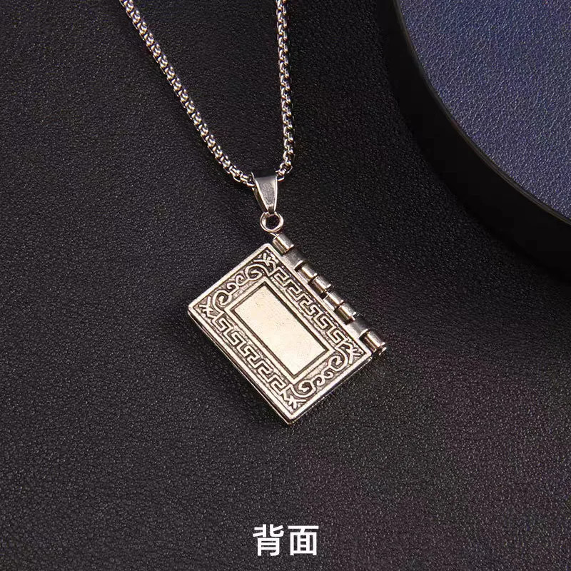 Gothic Style Religious Bible Men’s Necklace Alloy Steel Vintage Flipped Bible