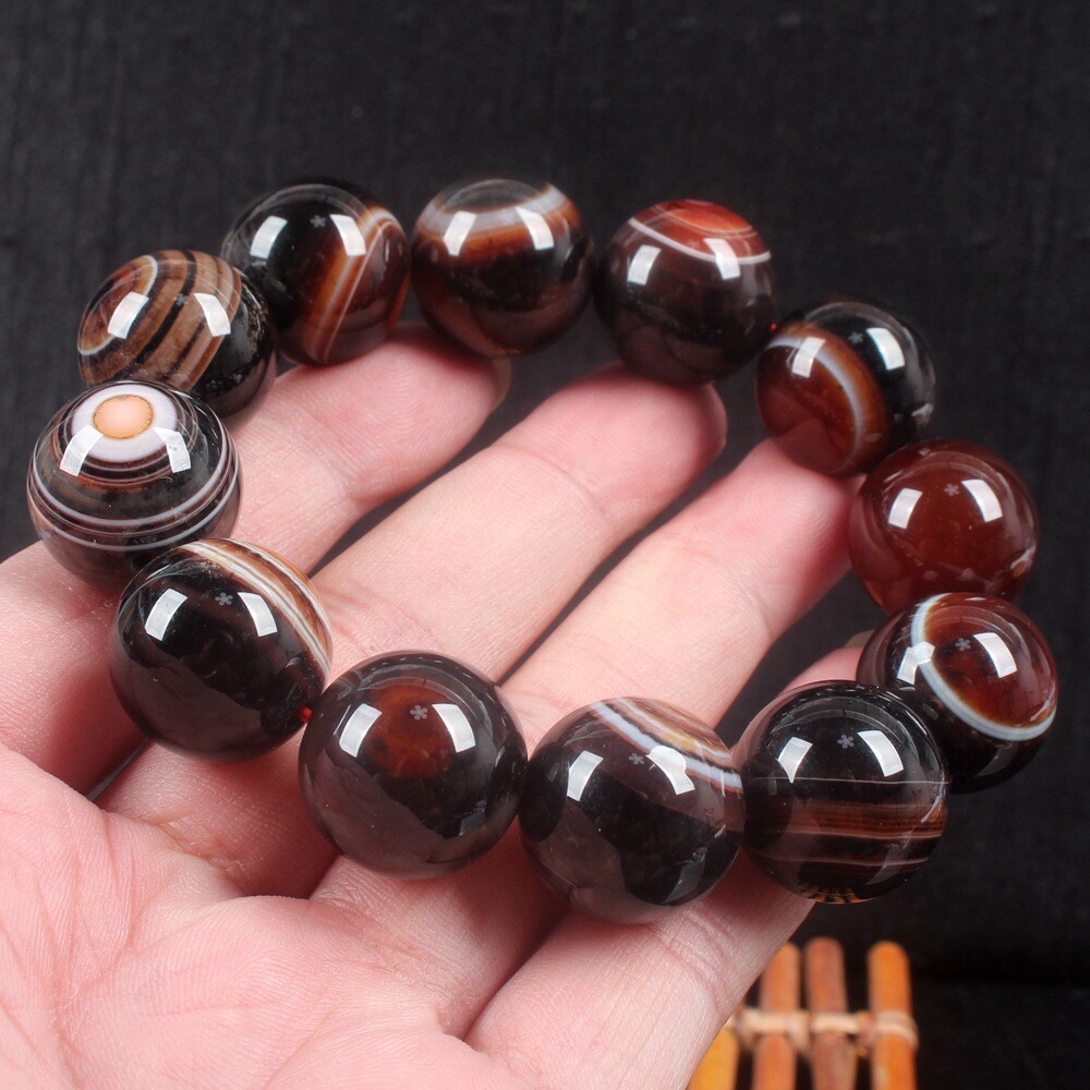 20mm Rare China Natural Agate Onyx Carved Buddha Beads Bracelet Bangle Wristlet
