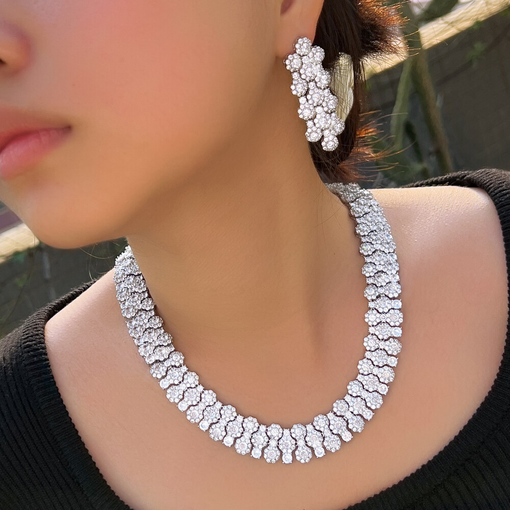 Designer Big Wide Necklace and Earrings Silver Plated Zircon Wedding Jewelry Set
