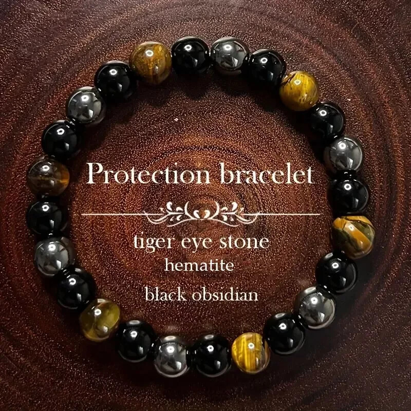 Triple Protection 10MM Bead Tiger Eye Obsidian Hematite Man’s Stretch Bracelet
