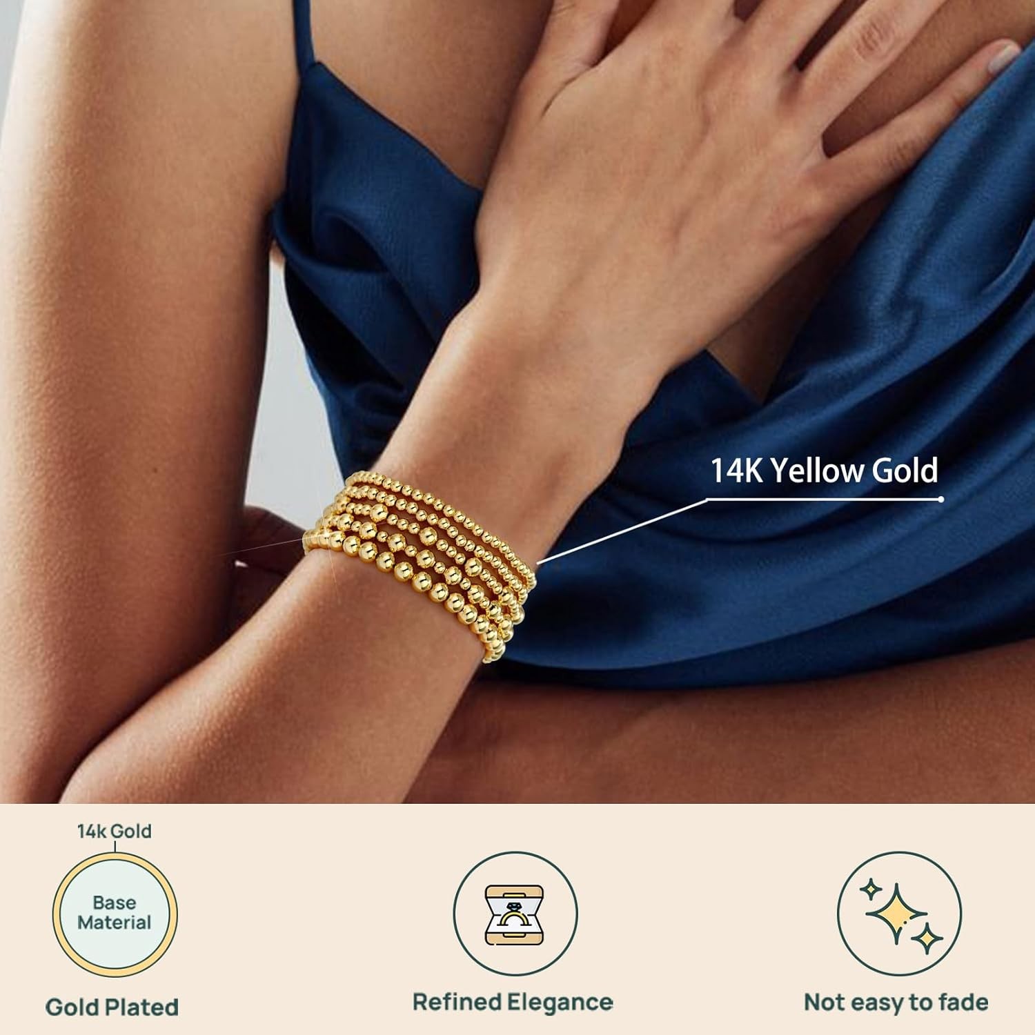 14K Gold Plated Beaded Strand Bead Ball Bracelets stack Adjustable Jewelry Set