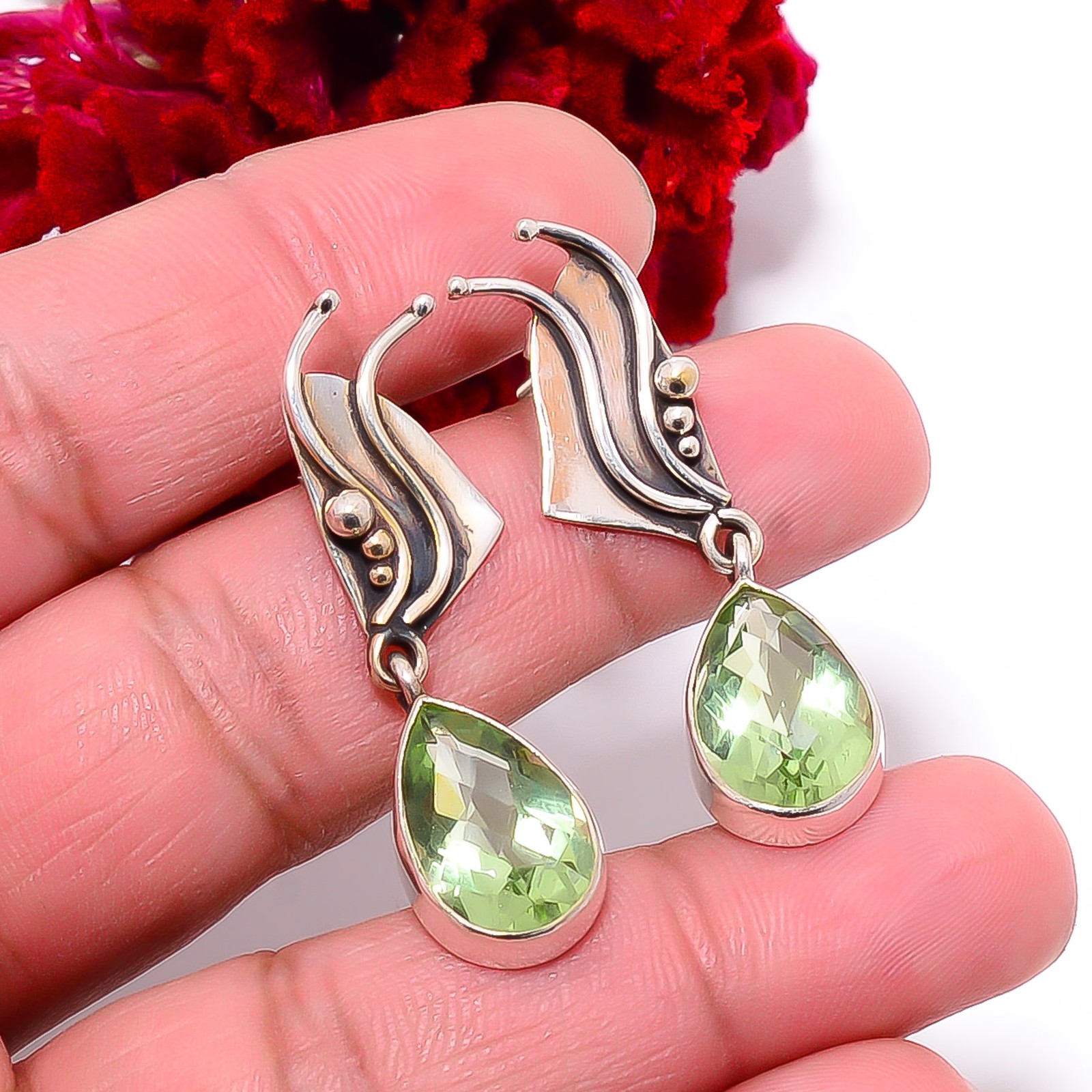 Green Amethyst Designer Handmade 925 Sterling Silver Earring 1.56″ E9846