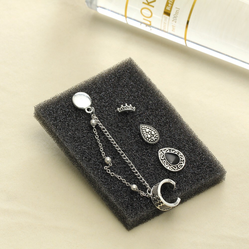 4pcs Stud Bohemian Retro Style Crown Water Droplets Chain Fashion Earrings Cuff