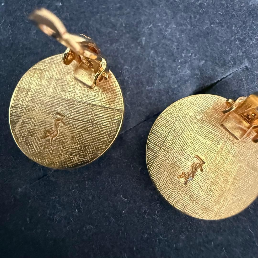 Yves Saint Laurent Earrings YSL Round Engraving Vintage Gold Tone From Japan