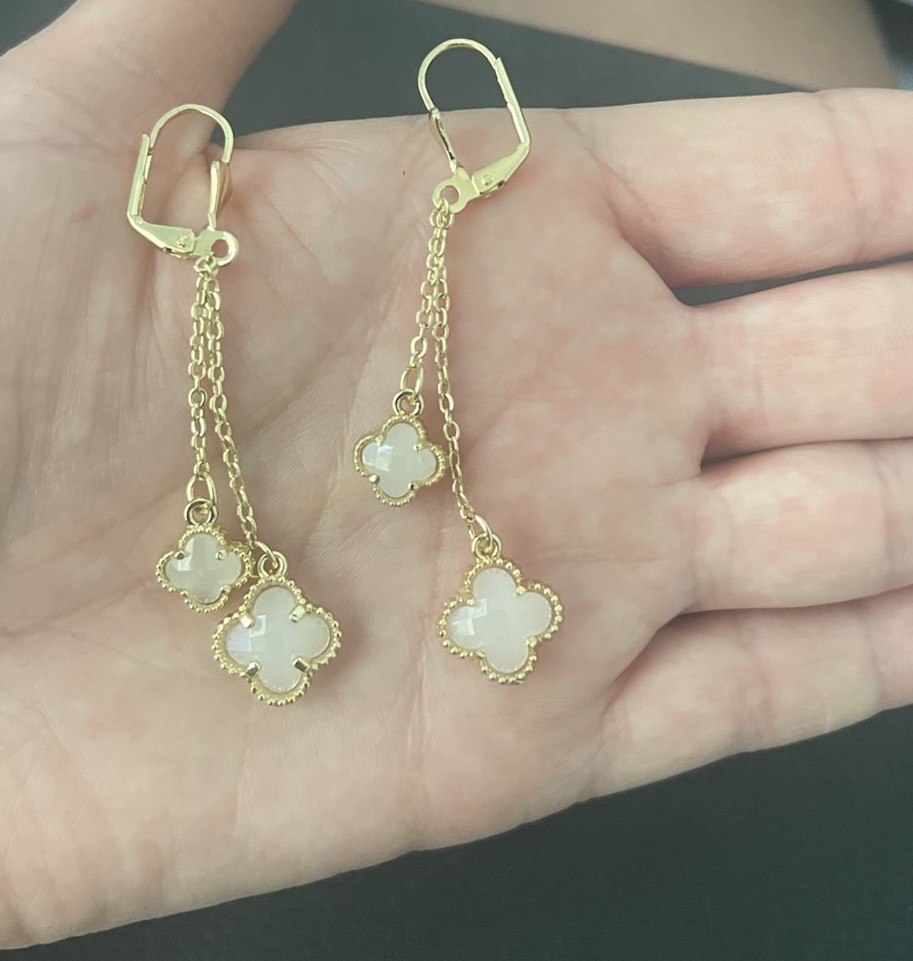Gold Tone Clover Dangle Drop Hook Earrings Metal White Accents No Stone