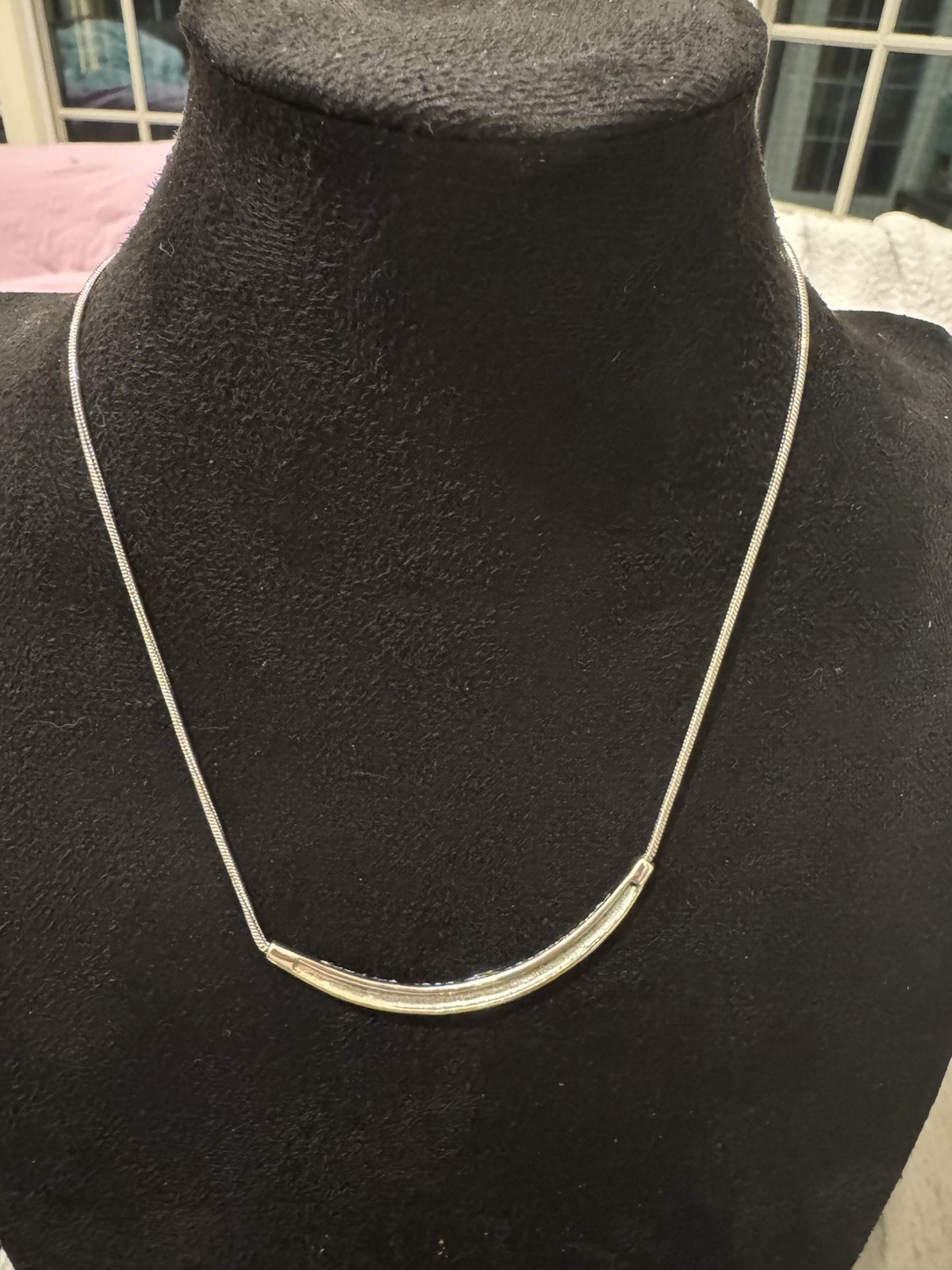 Silver Tone Pave Crystal Curved Bar Necklace Snake Chain Adjustable Fashion