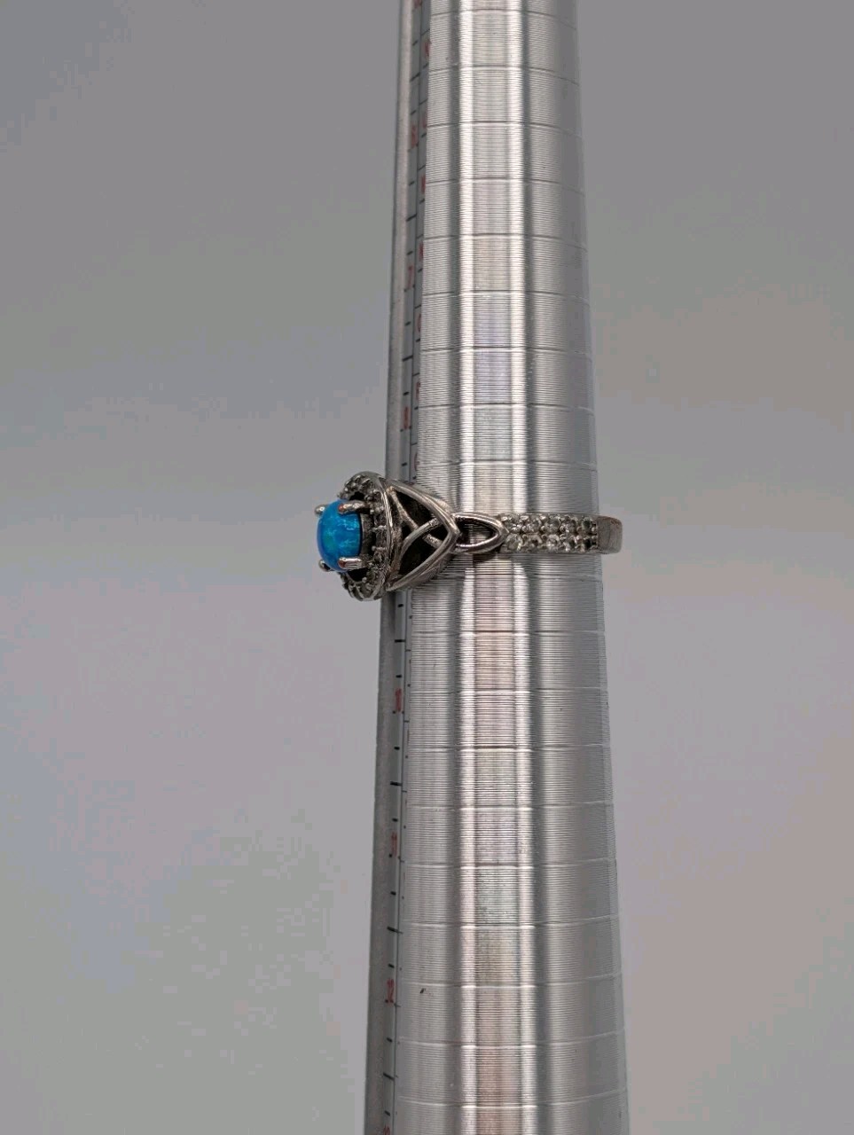 Synthetic Opal Cabochon CZ Halo Ring Trinity Celtic Band Silver Toned Plated