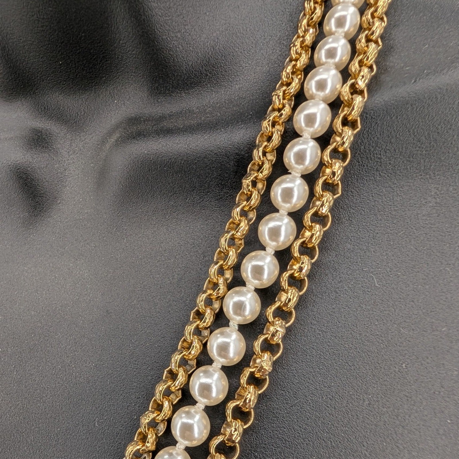 Triple Strand Faux Pearl Gold Tone Rolo Chain Necklace Filigree Clasp 23″