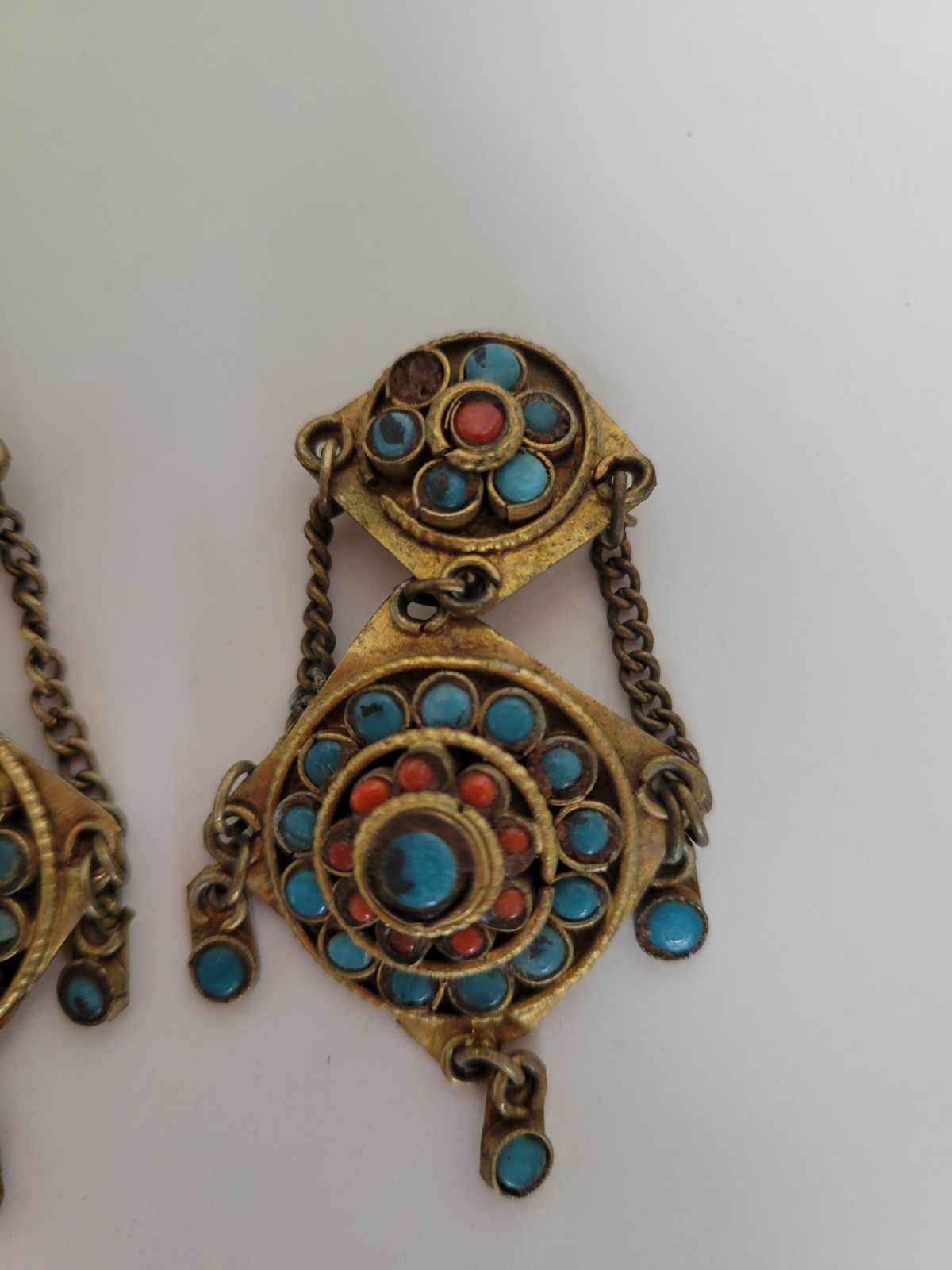 Vintage Himalayan Dangle Earrings Turquoise Coral Gold Tone Clip On Nepal