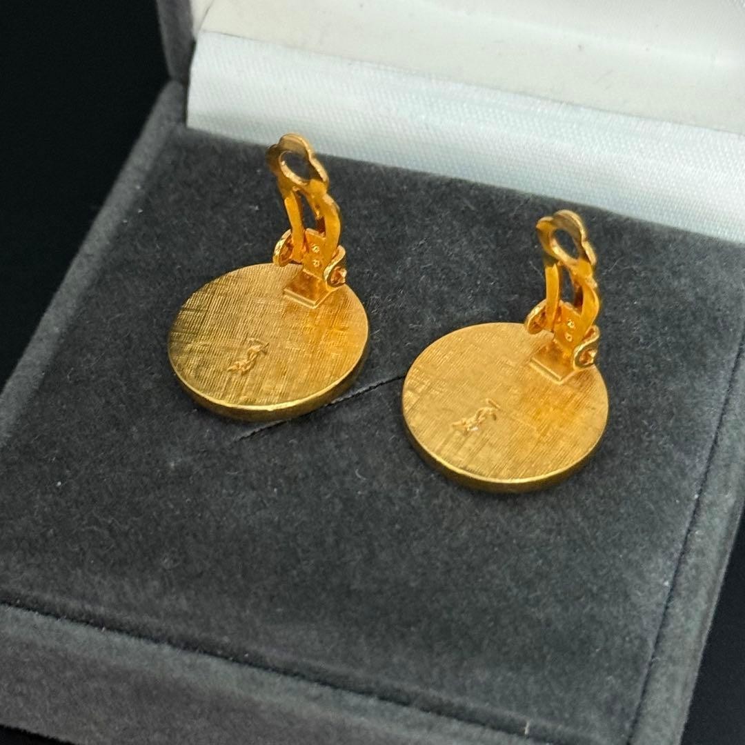 Yves Saint Laurent Earrings YSL Round Engraving Vintage Gold Tone From Japan