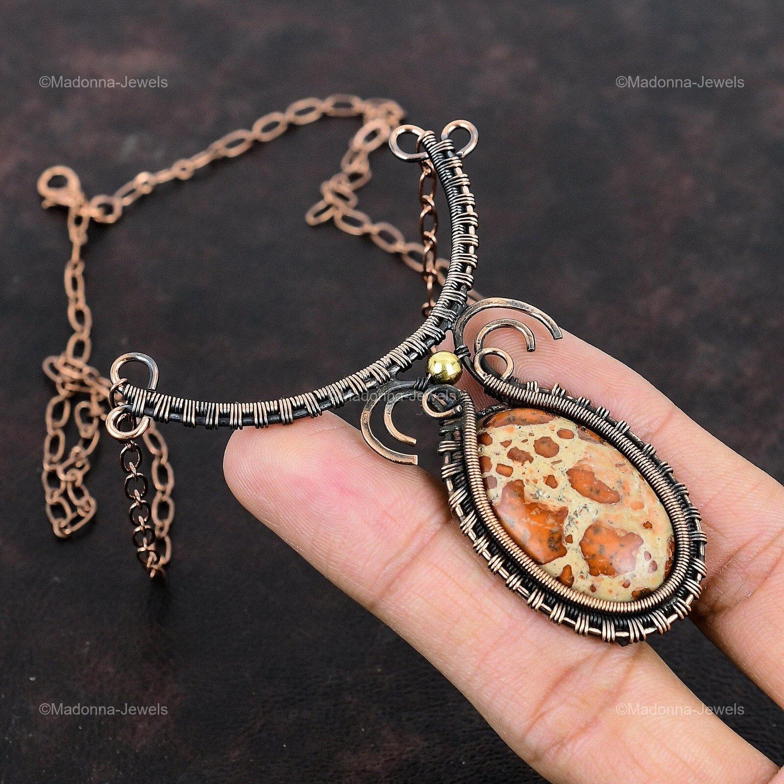 Oval Asteroid Jasper Gemstone Copper Sister Chain Wire Wrapped Birthday Necklace