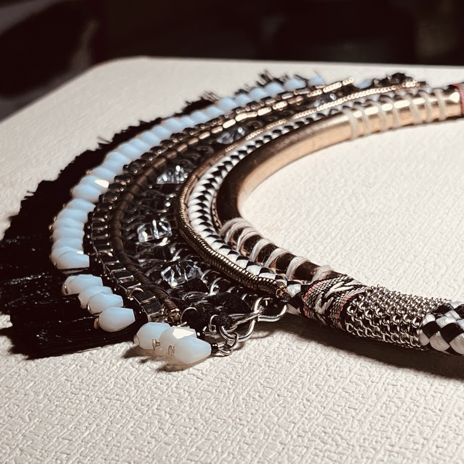 Chicos Bold Boho Necklace Tribal Style Bead and Fringe Layered Design Woven Cord