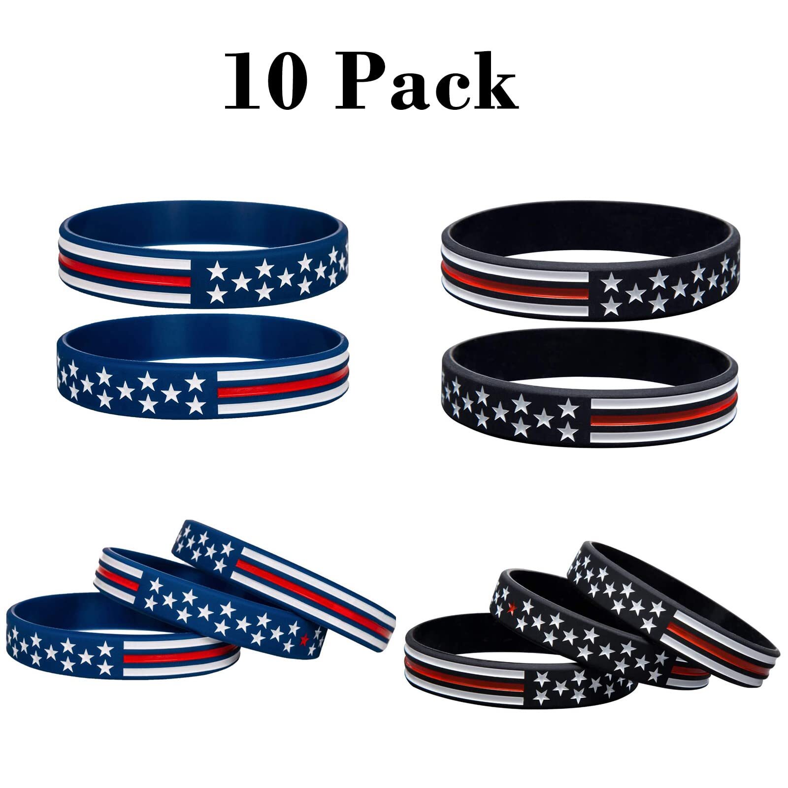 10 Pack American Flag Bracelets -Thin Red Line Silicone Rubber Wristband