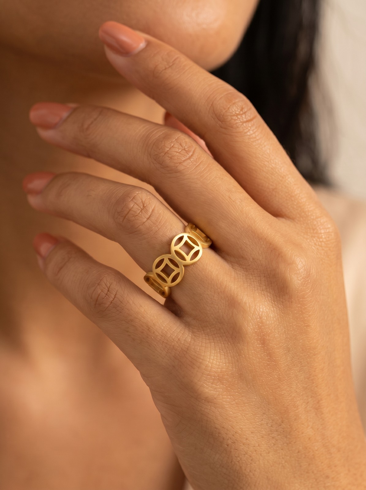 Chinese Coin Ring, Gold-Tone Band w/ Traditional Chinese Prosperity Symbol