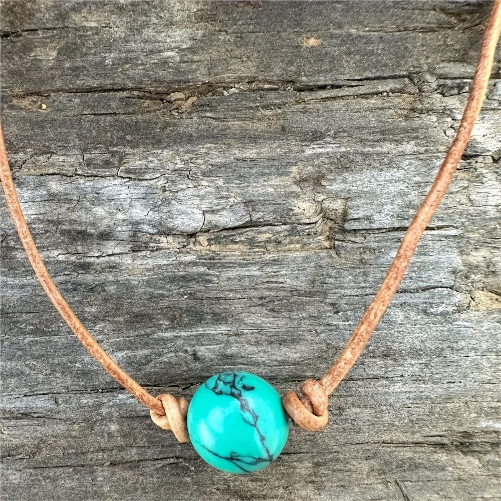 Bohemian Style Turquoise Bead Choker Necklace, Simple Vintage Retro Leather Cord