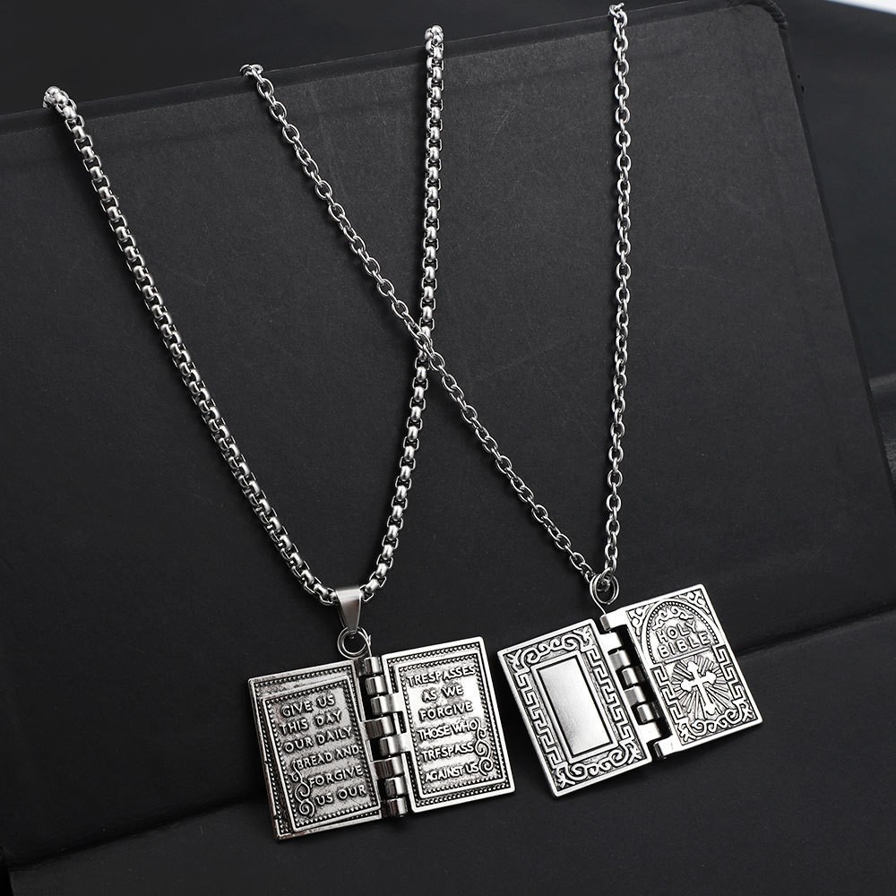 2× Stainless Steel Silver Bible Open Pages Pendant Unisex Necklace Lord’s Prayer