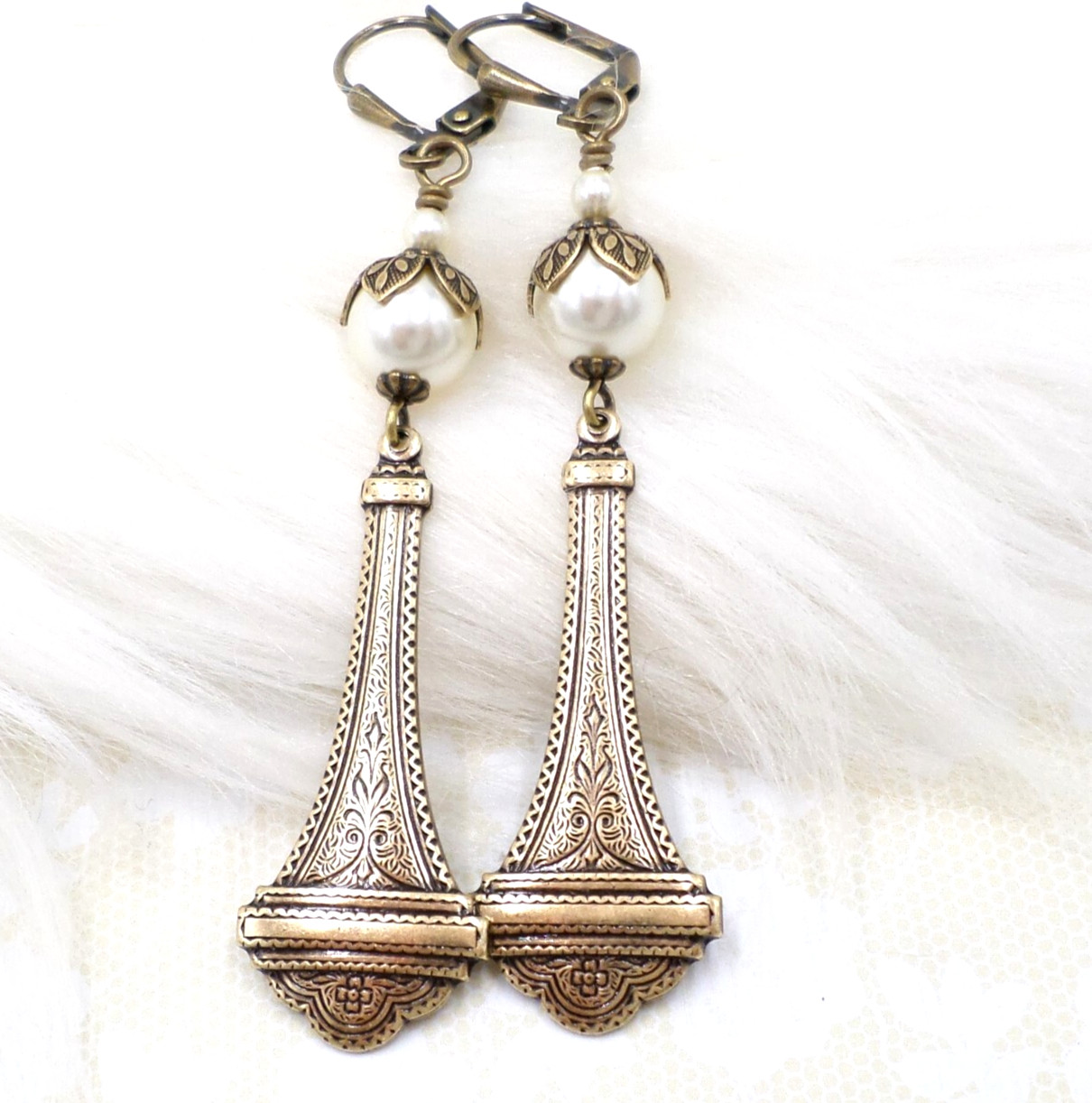 Brass Victorian Style Earrings, Cream Faux Pear Handmade Wedding Jewelry