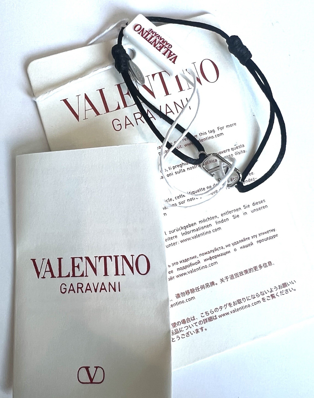 Valentino Garavani VLogo Signature Black Cord Bracelet Silver Tone NWT New Tag
