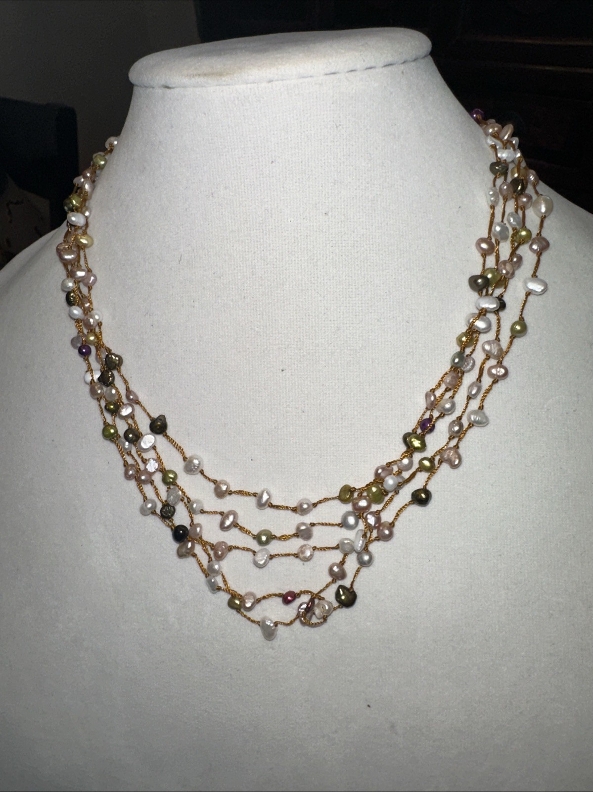 Boho Multi Strand Freshwater Pearl Necklace Pink Green Bronze White Cord Layered