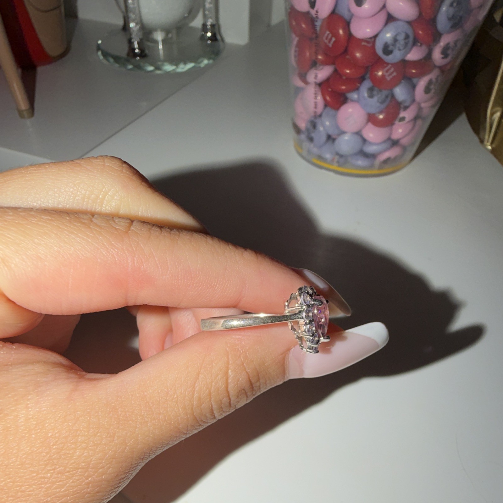 Silver Tone Pink Heart Stone Halo Prong Set Cocktail Ring Size 7