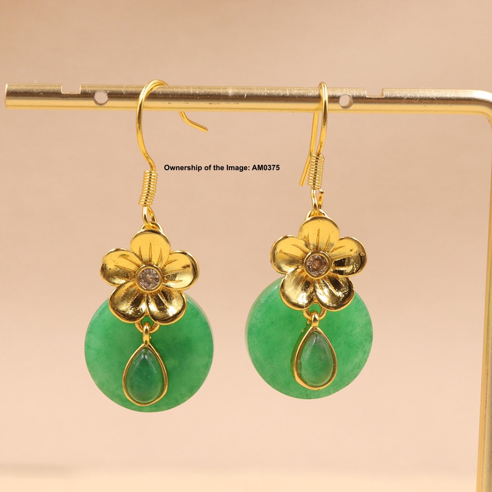New Yellow Alloy Flower Women’s Heated Green Jade Dangle Earrings Hook Earrings